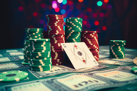 Immersive Online Poker Experience: Texas Hold Em on a Casino Green Table - Play with Poker Chips, Cの素材