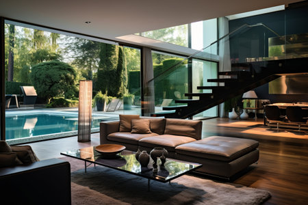 Captivating Modern Living Room: Dark Sofa, Elegant Cantilevered Staircase, and Scenic Pool Viewの素材