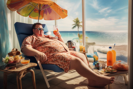The Hilarious Daydreamer: A Chubby Man's Imaginary Beach Getaway Inside His Living Roomの素材