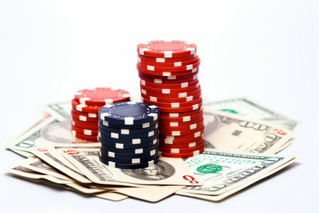 Gambling Essentials: A Studio Showcase of Poker Chips, Dice, Playing Cards, Coins, and Dollar Banknoの素材