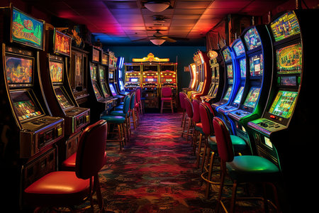 Step Back in Time: An Authentic Retro Game Room Experience with Vintage Slot Machines from the 80s aの素材