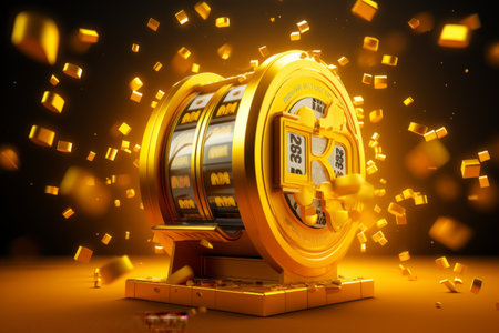 Vibrant Yellow Slot Machine Reel Casino Games Background: A 3D Rendered Illustration with Upper Copyの素材