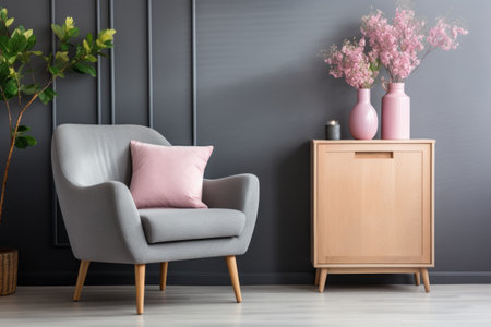 Cozy Elegance: Stylish Grey Armchair and Dark Vase Complement a Spacious, Pink Living Roomの素材