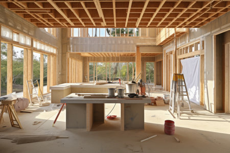 A Glimpse into the Unfinished Interior of a Home-in-Progressの素材