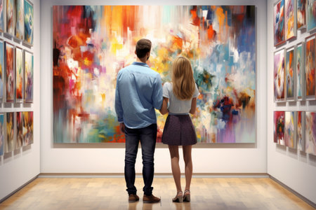 Enchanting Embrace: A Stunning Couple Enjoys Artistic Delights in a Galleryの素材