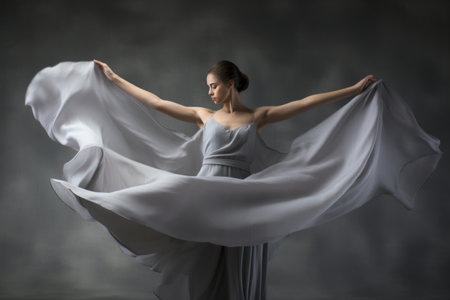 Graceful Motion: The Enchanting Ballerina Dancing Amidst Fluttering Silk Fabricの素材