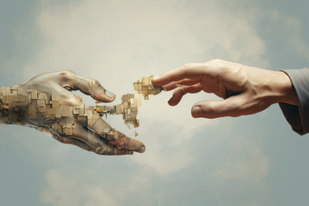 Embracing Modernity: A Digital Collage Journey depicting a Helping Hand and Loading Icon in Artisticの素材