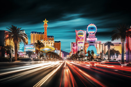 City of Dreams Unveiled: The Iconic Las Vegas Sign Framed by a Blurry Cityscapeの素材