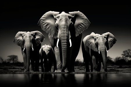 Graceful Giants: Captivating Monochrome Photograph of African Elephants in Chobe: A Breathtaking Botの素材