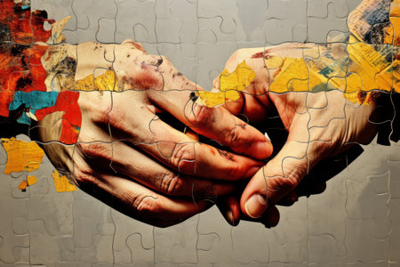 Unlocking Creativity: Merging Hands and Puzzle Pieces in Art Collageの素材