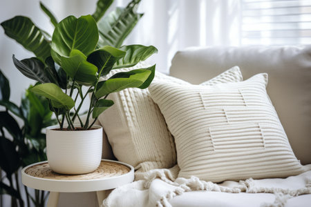 Creating a Cozy and Stylish Scandinavian Living Room Ambiance with Knitted Plaids, Monstera Plants,の素材