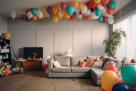 Birthday Bliss: Mesmerizing Interior of a Living Room Adorned with Balloons, Pinata, and Garlandの素材