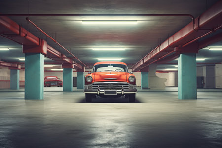 Vintage-Style Process Reveals the Interior of a Parking Garage: A Blend of Cars and an Empty Parkingの素材