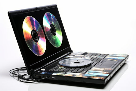 Captivating Collection: A Brilliant Laptop Adorned with a Spectrum of CDs on a Serene White Backgrouの素材