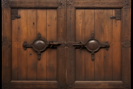 Majestic Entrance: The Grandeur of a Large Double Leaf Old Wooden Brown Door with Mail Slotの素材