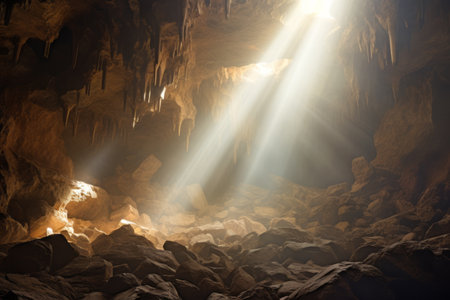 Radiant Illumination: Unveiling the Enigmatic Light Beams in a Caveの素材