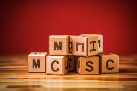 The Power of Machines: A Visual Manifestation on Wood Cube with Bold Red Backgroundの素材