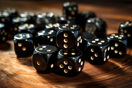 On a Roll: Captivating Macro Shot of Black Dice Against a Wooden Backdropの素材