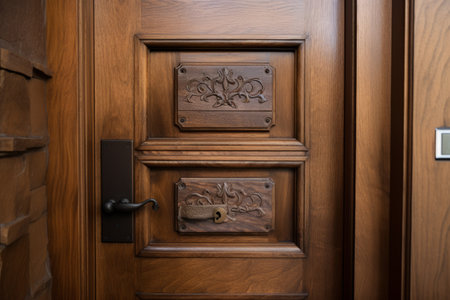 Aesthetic Touch: Exquisite Wooden Door with Mail Slot Adorned by a Timeless Newspaperの素材