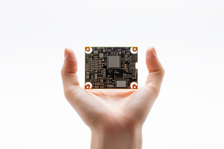 Powerful Innovations Unveiled: A Man Conquering Technology with a Microprocessor Grasped Firmly in Hの素材