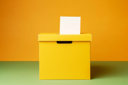 Symbol of Democracy: Closeup of a Man Casting His Vote into a Ballot Box on a Vibrant Yellow Backgroの素材