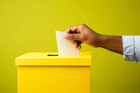 Exercise of Democracy: Closeup of a Man's Vote Being Cast into a Ballot Box on a Vibrant Yellow Backの素材