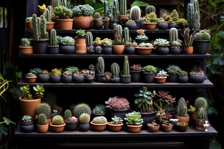 A Diverse Collection of Cactus Thriving in Elegant Black Plastic Pots, Displayed on a Wooden Tray Shの素材