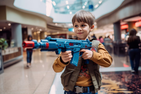 Tech, Gaming, and Entertainment Galore: A Boy's Adventurous Playtime with an Automatic Toy Gun at Kyの素材