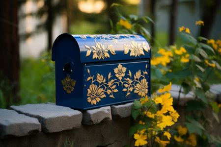 Golden Blooms: A Stunning Metal Dark Blue Mailbox Adorned with Flower Patterns on the Fenceの素材