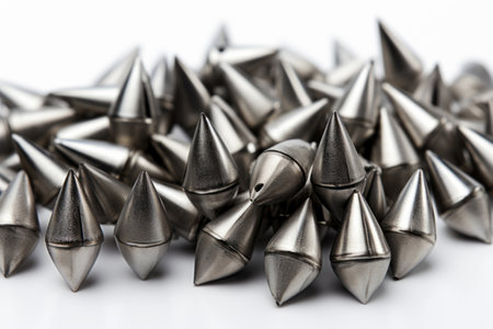 Sharp Reflection: Close-Up of Metal Nails on a White Isolated Backgroundの素材