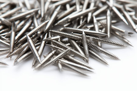 Shining Steel: A Close-Up of Metal Nails on a White Isolated Backgroundの素材