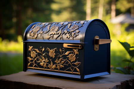 The Enchanting Metal Dark Blue Mailbox: A Golden Floral Oasis on Your Fenceの素材
