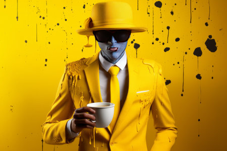 Brewing Joy: Embracing the Artistic Elixir of Morning Coffee in a Modern Comics-Inspired Yellow Suitの素材