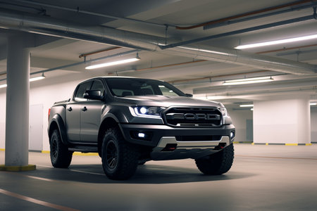 Embracing Power and Style: Front View of Ford Ranger Raptor T6 Mid-Size Pickup Truck Shining in Munich's Modern Garage on 3 February 2020の素材