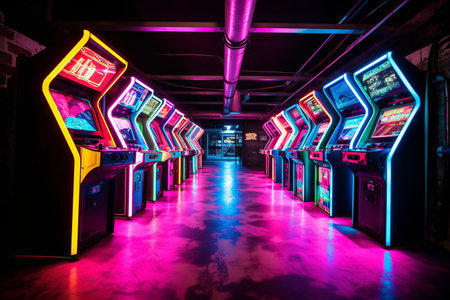 Glowing Spectacles: A Mesmerizing Array of Neon Arcade Machinesの素材