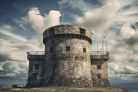 Guardian of the Post: The Majestic Old Military Tower with Gun Slots Standing Tall Above the Fort Waの素材