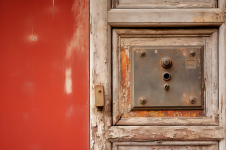 The Nostalgic Charm of an Old Letter Box in a Wooden Paneled Doorの素材