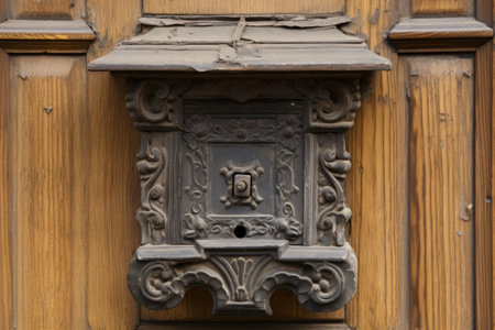 The Nostalgic Charm of an Old Letter Box in a Wooden Paneled Doorの素材