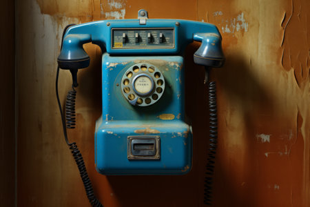 Nostalgic Charm: The Old-Time Elegance of a Public Telephone with a Vintage Blue Receiverの素材