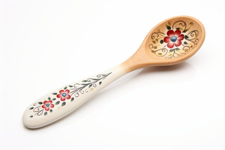 Aged Elegance: Vintage Slotted Wooden Spoon on a White Backgroundの素材