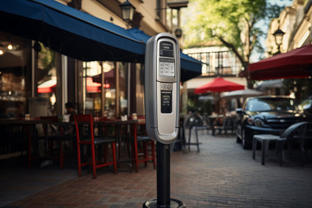 Adapting to COVID-19: Parking Meters in Focus, Outside Dining in the Backdropの素材