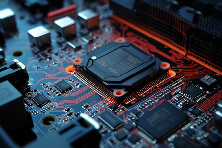 Exploring the Intricacies of a Close-Up PCI Express Connector on a Computer Motherboard: A Detailedの素材