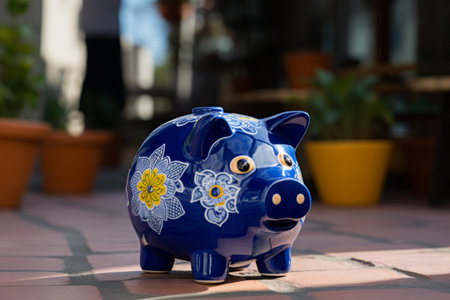 Captivating Ceramic Blue Piggy Bank: A High-Quality Photograph of a Whimsical Savings Companionの素材