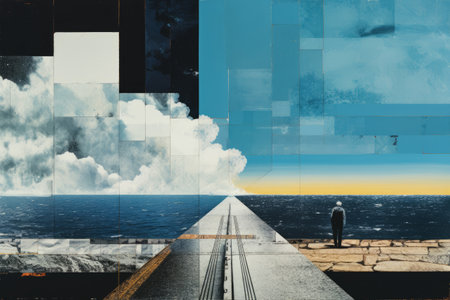 Journey Through Tranquil Blues: Abstract Collage Art of the Sea, Road, and Cloudsの素材