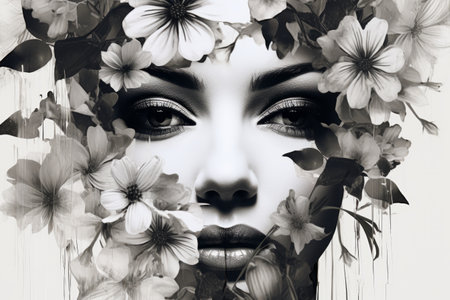 The Enigmatic Floral Veil: An Abstract Contemporary Art Collage of a Young Woman Concealing Her Gazeの素材