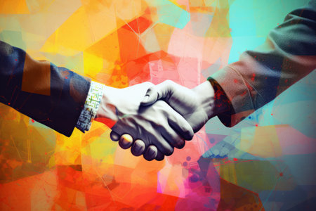 Solidarity in Business: Modern Art Collage Depicting a Positive Handshake Amongst Entrepreneursの素材