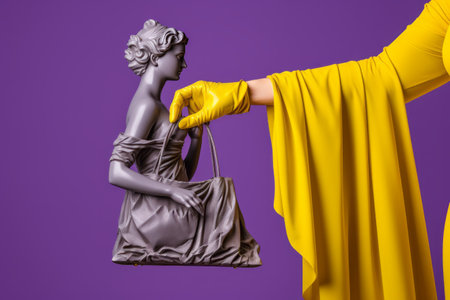 Fashionably Retro: A Modern Collage of a Vintage Statue's Hand Embracing a Yellow Shopping Bag, Setの素材