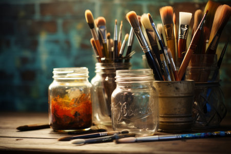 Creative Essentials: Delicate Brushes, Sculpting Set, and Pencil Enshrined in Glass Jars on a Charmiの素材