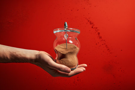 Innovative Art Collage: Exploring the Duality of Time and Financial Crisis Amidst a Vibrant Red Tapeの素材