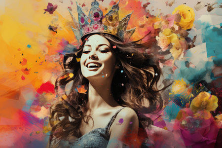 Majestic Ink: Unleashing Emotions through a Vibrant Art Collage of a Joyful Princess in Crownの素材